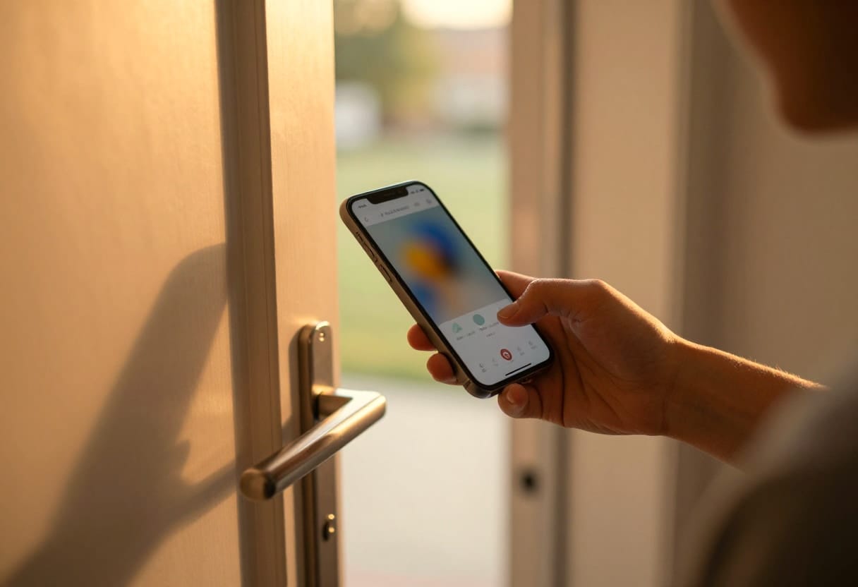 A person experiencing the seamless, hands-free transition of entering a home using smart technology.