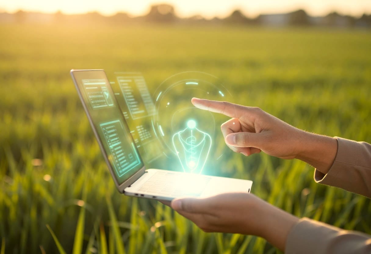 A professional in a modern agricultural setting interacting with high-tech data visualization tools to optimize crop health.
